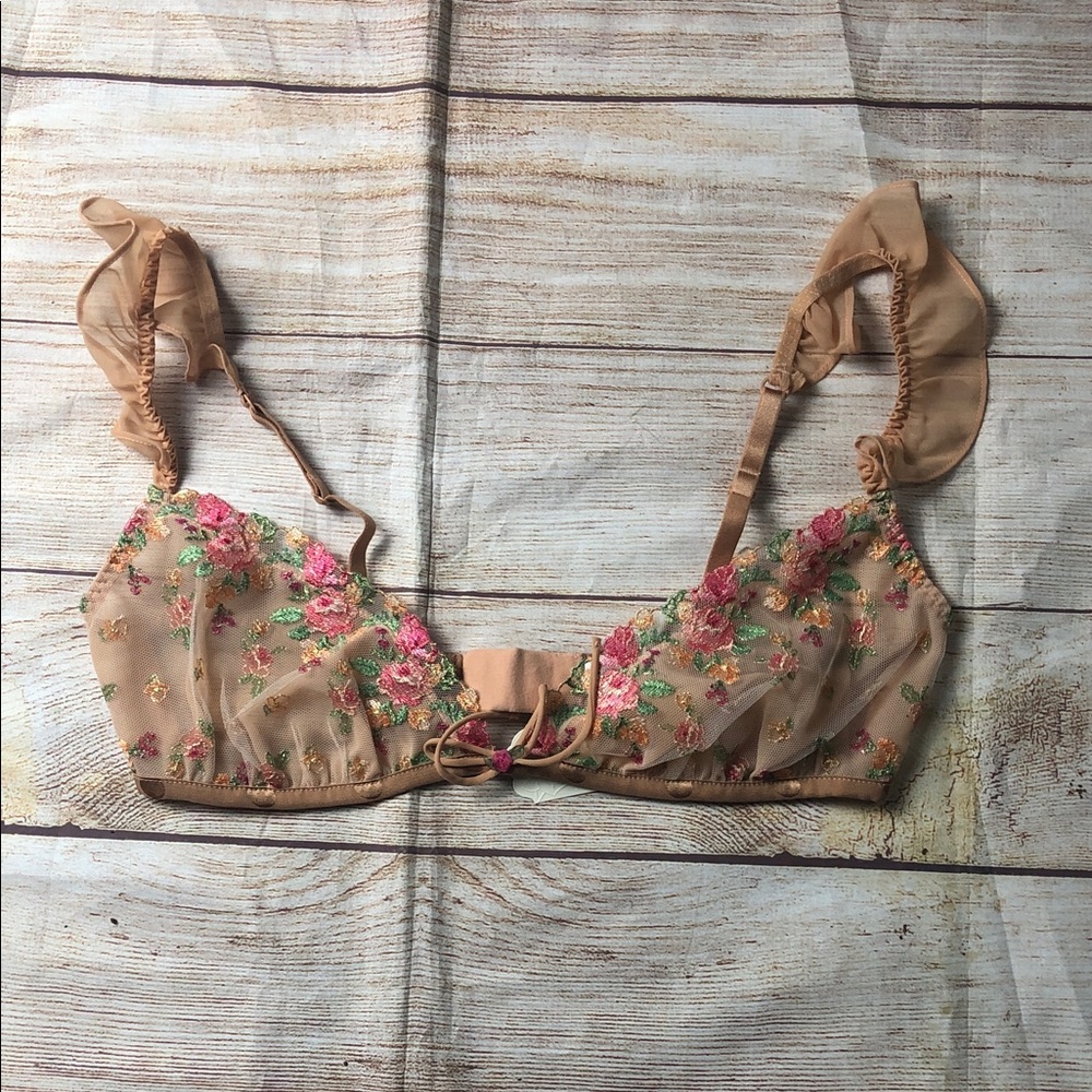 For Love And Lemons Floral Glimmer Rose Embroidered Bralette with Sheer Frills